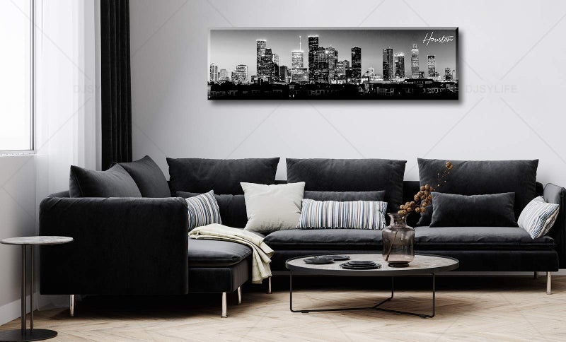 DJSYLIFE Houston Skyline Canvas Wall Art Decor Black & White City Pictures Painting Texas Cityscape Photo Print Artwork for Office Bedroom Living Room Walls Decoration Ready to Hang 13.8"x47.3" - Image 5